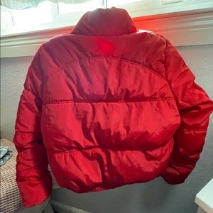 Red puffer jacket